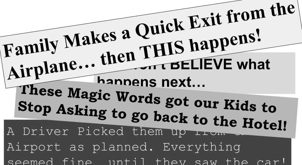 Text boxes with clickbait-sounding headlines in them, overlapping to look like banners from websites or newspaper headlines.